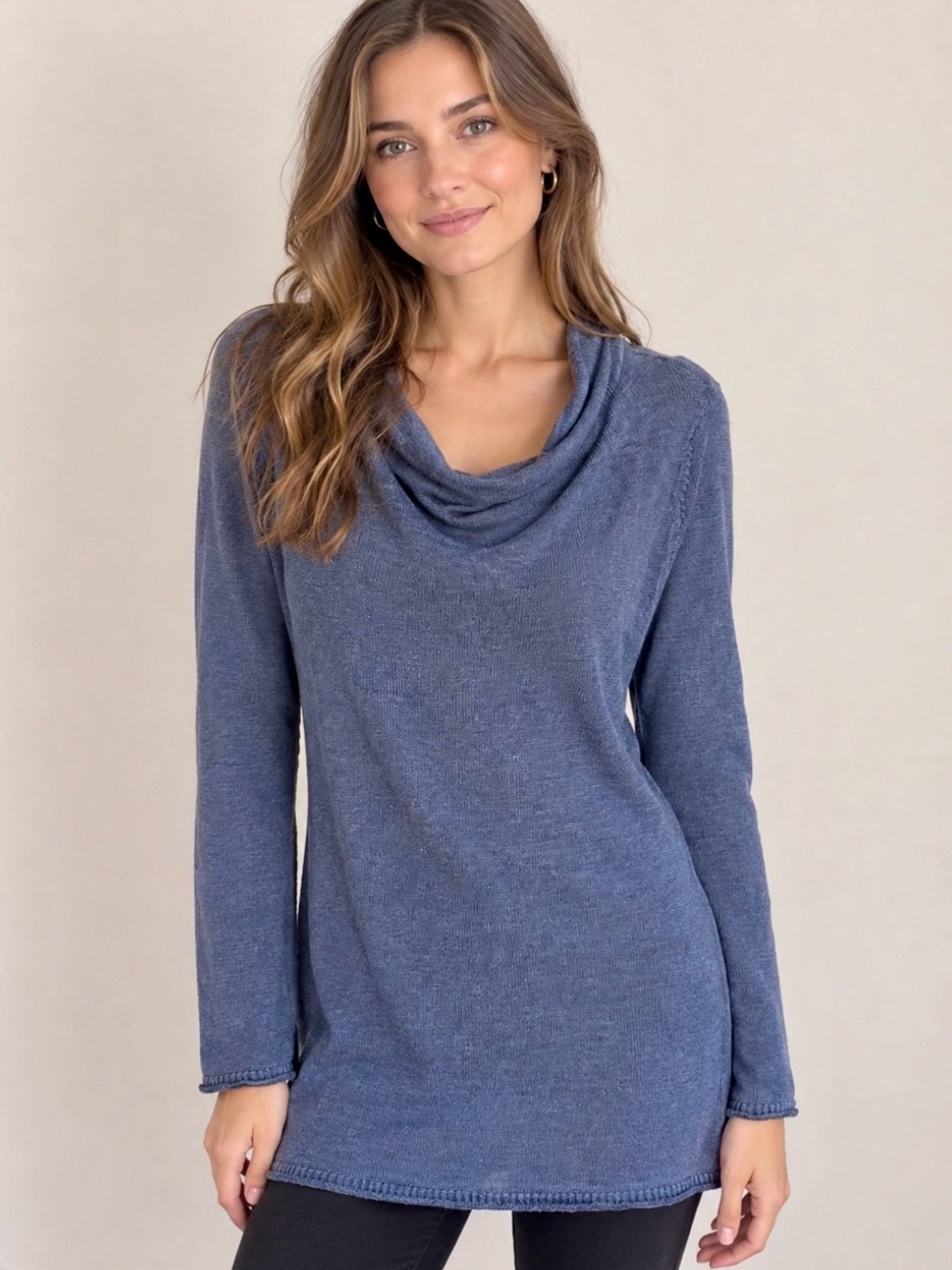 Coldwater Creek Slate Blue Cowl Neck Sweater Split Hem Tunic Linen Blend Large L